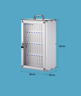 Elysium hordozható, falra szerelhető, zárható, 36 rekeszes, szivacsbetétes mobiltelefon tároló doboz - Zárható tároló doboz - 36 rekeszes