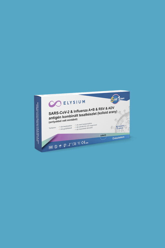 Elysium SARS-CoV-2 tesztkészlet - SARS-CoV-2 teszt - 1 db - 5 az 1-ben Covid 19 + Influenza A + Influenza B + RSV + ADV - OTTHONI
