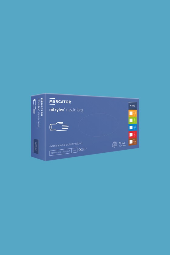 Mercator nitrylex® classic orvosi púdermentes, hosszított nitril kesztyű - Nitril kesztyű - Kék - XS