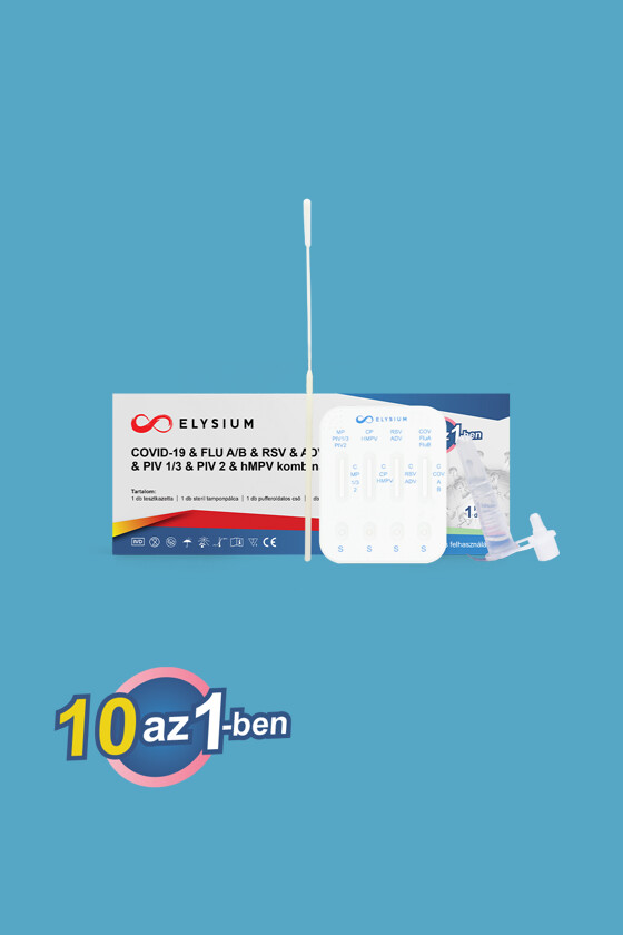 Elysium 10 az 1-ben COVID-19 & FLU A/B & RSV & ADV & MP & CP & PIV 1/3 & PIV 2 & hMPV kombinált gyorsteszt - 1 db tesztkészlet (orrlyuk) - Lejárati idő: 2027-09-23 - 1 db