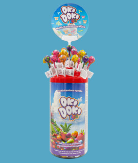 OKI DOKI KIDS eper, narancs, ananász és trópusi gyümölcs ízű étrend-kiegészítő nyalóka 15-féle vitaminnal és ásványi anyaggal - Minőségét megőrzi: 2026-11-17 - 100 db - 1 doboz