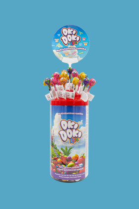 OKI DOKI KIDS eper, narancs, ananász és trópusi gyümölcs ízű étrend-kiegészítő nyalóka 15-féle vitaminnal és ásványi anyaggal - Minőségét megőrzi: 2029-01-14 - 100 db - 1 doboz
